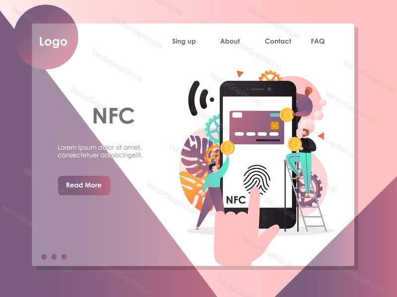 Векторный шаблон веб-сайта NFC, дизайн веб-страницы и целевой страницы для разработки веб-сайтов и мобильных сайтов. Технология связи ближнего поля, смартфон с концепцией функции nfc.