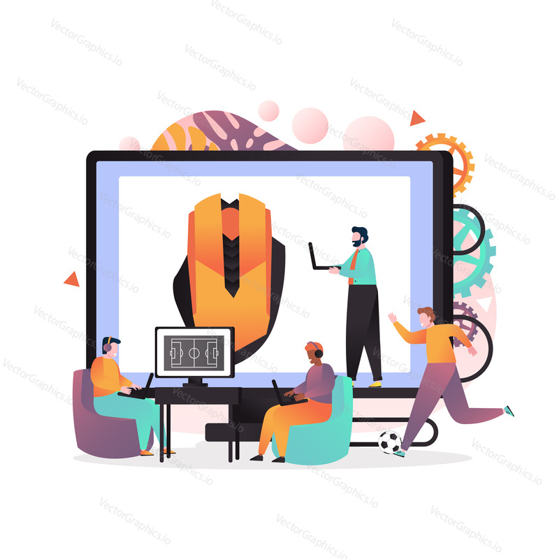 Vector illustration of big computer and tiny people gamers playing online football tournament. Sports video games, egames championship, esports tournament, cyber sport concept for web banner, webpage.