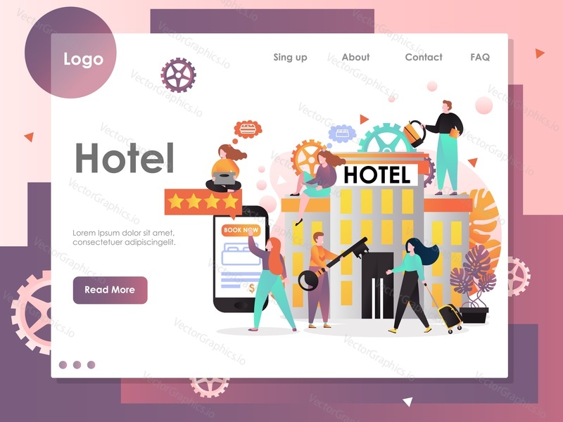 Hotel vector website template, web page and landing page design for website and mobile site development. Hotel room reservation mobile app concept.