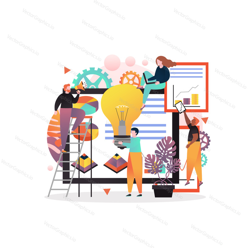 Vector illustration of big statistical dashboard and tiny people interacting with charts, holding light bulb, shouting through megaphone. Office work, coworking concepts for web banner, webpage etc.