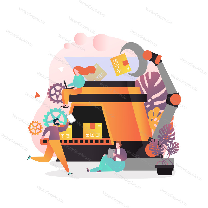 Vector illustration of industrial robotic arm picking up parcel from conveyor belt and placing it in new location, workers. Factory automation, pick and place robots concepts for web banner, webpage.