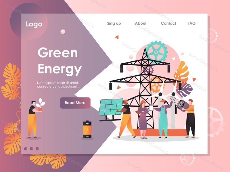 Green energy vector website template, web page and landing page design for website and mobile site development. Renewable energy concept with high voltage power lines, windmills, solar panel, workers.