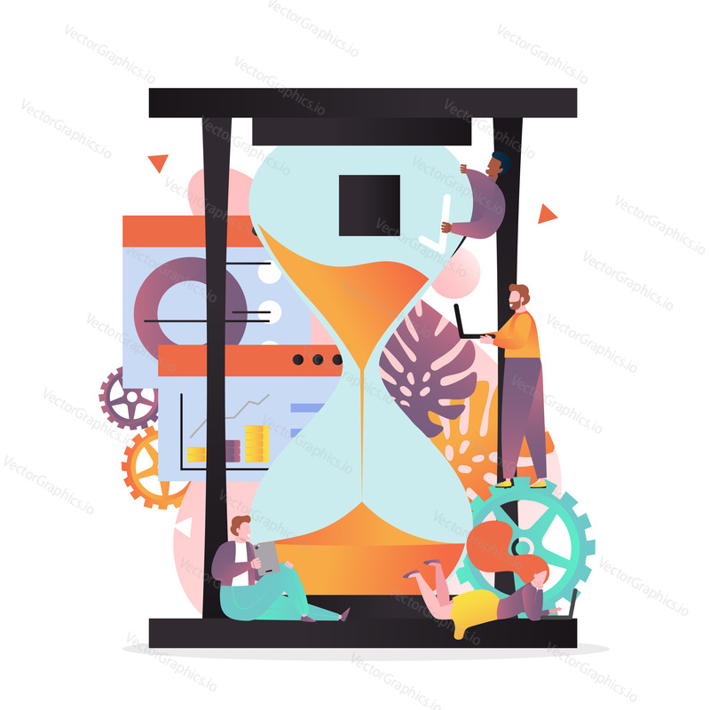 Vector illustration of big hourglass and tiny people employees engaged in their work. Effective time management, deadline, scheduling concept for web banner, website page etc.