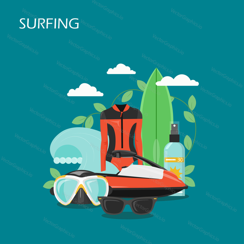 Surfing vector flat style design illustration. Surfboard, wetsuit, mask, sunglasses, sunscreen, water scooter and ocean wave. Summer beach water sport surf equipment for web banner website page etc.