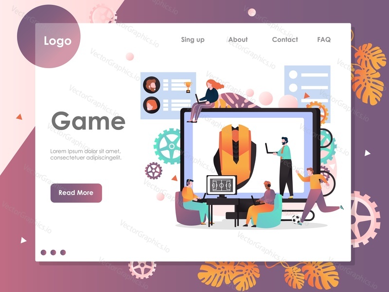 Game vector website template, web page and landing page design for website and mobile site development. Cyber sport concept with big computer and tiny people gamers playing online football tournament.