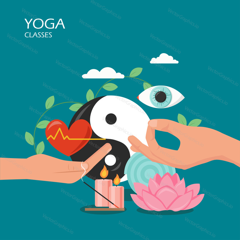Yoga classes vector flat illustration. Lotus flower, eye, candles, mat, human heart on hand palm, yin and yang symbol, Gyan Mudra hand gesture. Yoga symbols and accessories for web banner webpage etc.