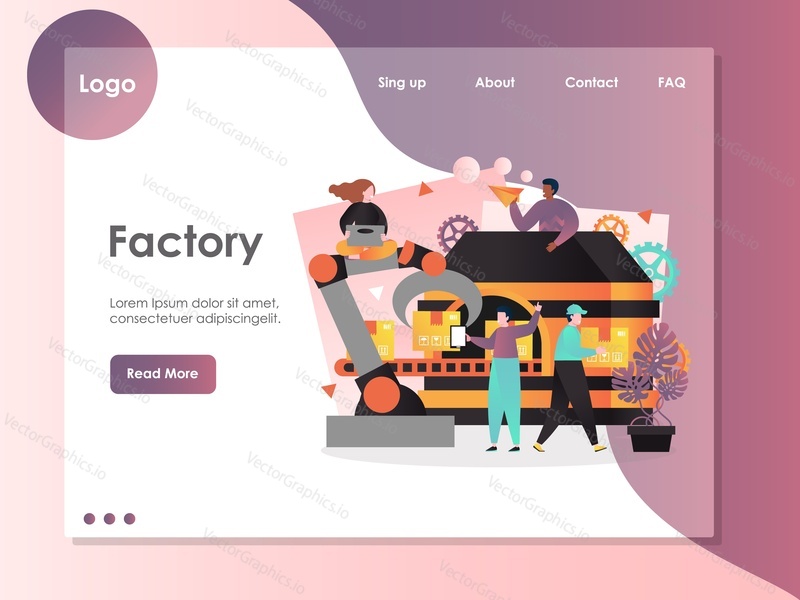 Factory vector website template, web page and landing page design for website and mobile site development. Robotic pick and place automation technology concept.