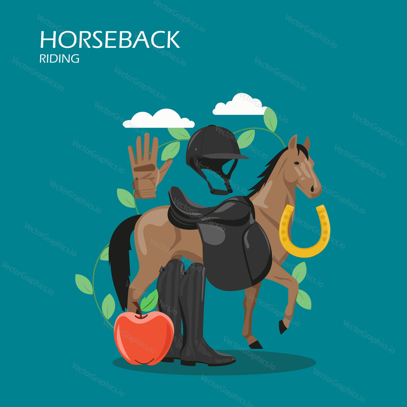 Horseback riding vector flat illustration. Race horse with sadle, helmet, glove, boots, apple and horseshoe. Horseback rider clothes, horse riding gear and tack accessories for web banner webpage etc.
