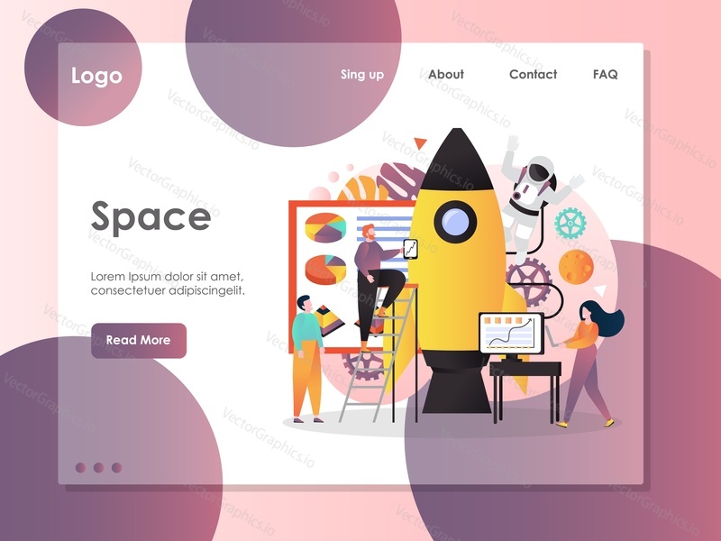 Space vector website template, web page and landing page design for website and mobile site development. Rocket science, aerospace industry concept.