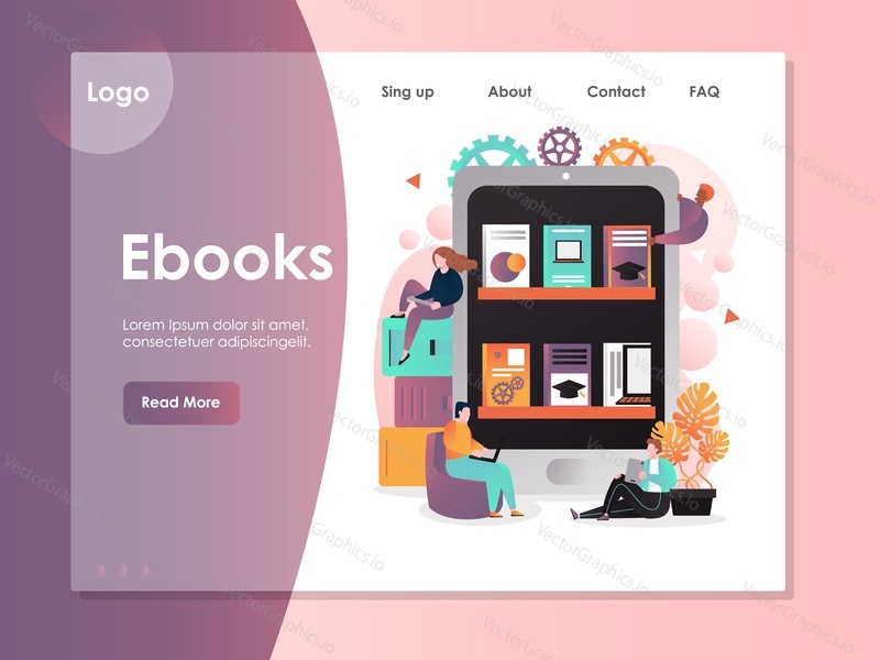 Ebooks vector website template, web page and landing page design for website and mobile site development. Electronic book, e-reader, digital device for reading concept.