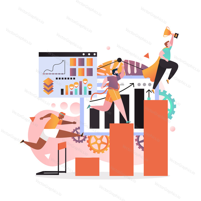Vector illustration of succeed superhero businessman holding golden cup, another two men running to finish, jumping over barrier. Business competition and success concept for web banner, webpage etc.