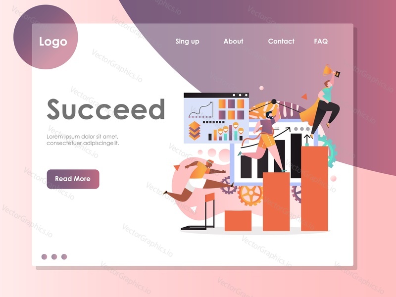 Succeed vector website template, web page and landing page design for website and mobile site development. Superhero businessman holding golden cup, men running to finish, jumping over barrier.