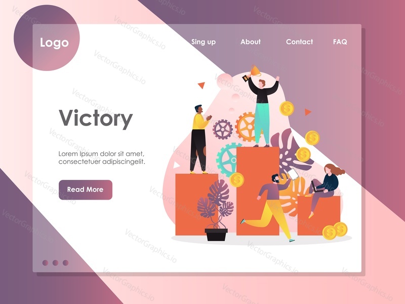 Victory vector website template, web page and landing page design for website and mobile site development. Winner reward, business team success, achievements concept.