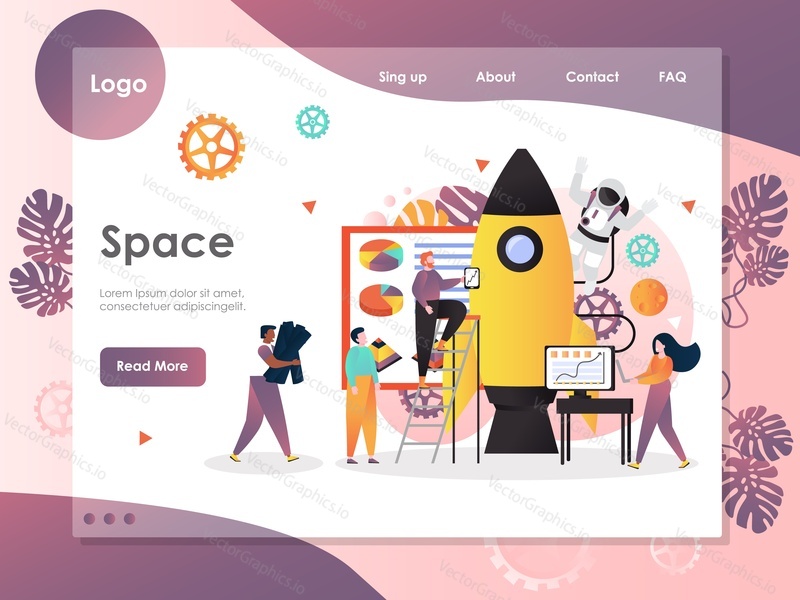 Space vector website template, web page and landing page design for website and mobile site development. Space exploration technology, aerospace industry concept.