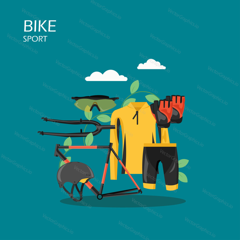 Sport bike vector flat style design illustration. Bicycle frame, cycling apparel, protective helmet, sunglasses and gloves. Cycling clothes and bicycle parts composition for web banner, website page.