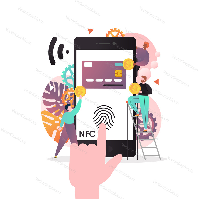 Vector illustration of big phone with NFC function used as bank card with fingerprint on screen, tiny people doing money transfer. Contactless payments, near field communication technology concept.
