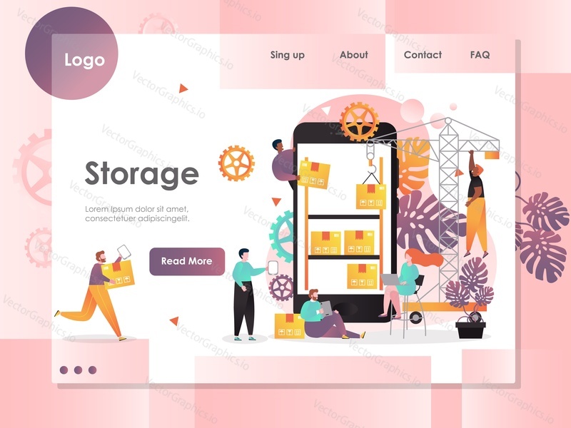 Storage vector website template, web page and landing page design for website and mobile site development. Mobile application for warehouse manager.