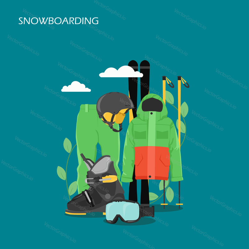 Snowboarding vector flat style design illustration. Skis, poles, jacket, pants, helmet, boot, glasses. Ski and snowboarding equipment and clothing for web banner, website page etc.