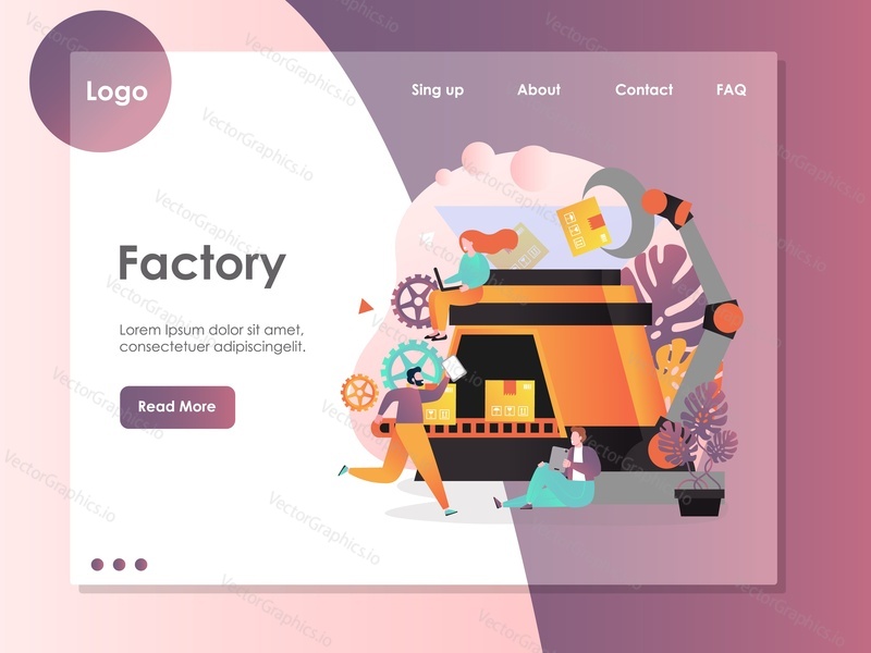 Factory vector website template, web page and landing page design for website and mobile site development. Factory automation, pick and place robots concepts.