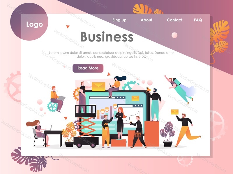 Business vector website template, web page and landing page design for website and mobile site development. Business activity, daily office routine concepts with statistical dashboard, characters.