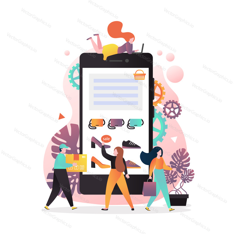 Vector illustration of big mobile phone and tiny people purchasing fashion goods in internet shop. Mobile commerce apps for online bag, shoe stores, online shopping concept for web banner, webpage.