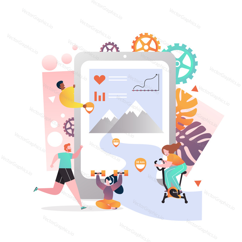 Vector illustration of big smartphone with fitness activity tracking application for exercising, running and tiny people doing sports. Smart sports technology concept for web banner, website page etc.