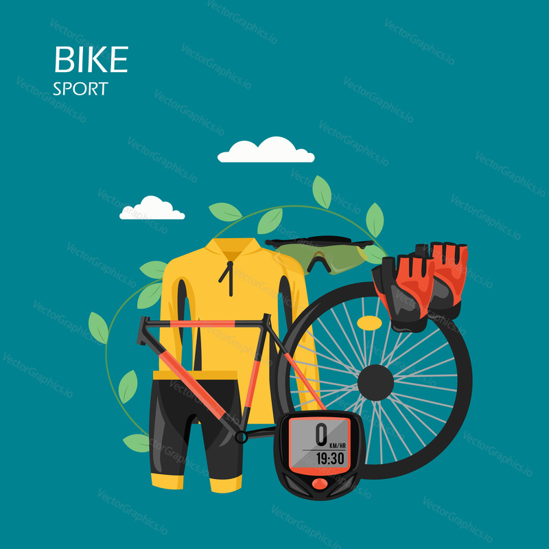 Sport bike vector flat style design illustration. Bicycle frame, wheel, cycling apparel, protective sunglasses and gloves. Cycling clothes and bicycle parts composition for web banner, website page.