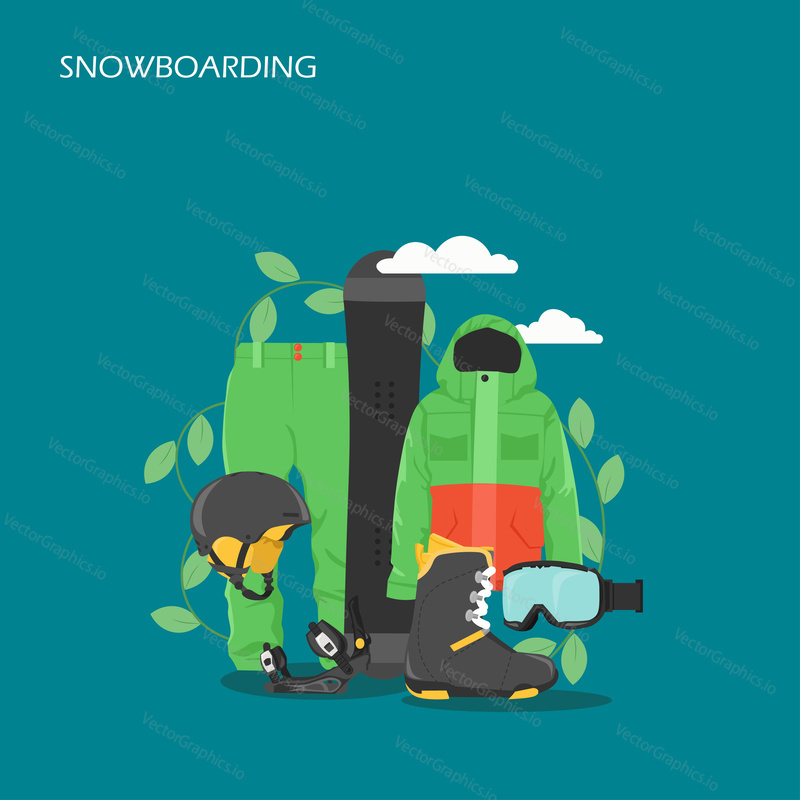 Snowboarding vector flat style design illustration. Snowboard, jacket, pants, helmet, boot, bindings and glasses. Snowboarding clothing, equipment and gear for web banner, website page etc.