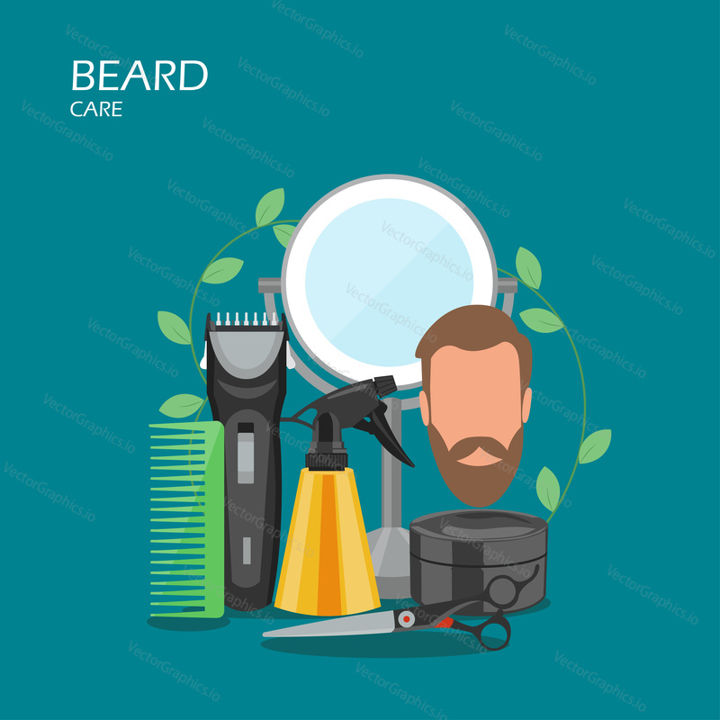 Beard care vector flat style design illustration. Comb, hair shaving machine, scissors, water spray bottle, mirror, aftershave cream. Beard grooming, trimming products for web banner website page etc.