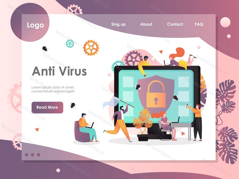Anti Virus vector website template, web page and landing page design for website and mobile site development. Antivirus software concept with big computer, shield, lock and tiny people catching bugs.
