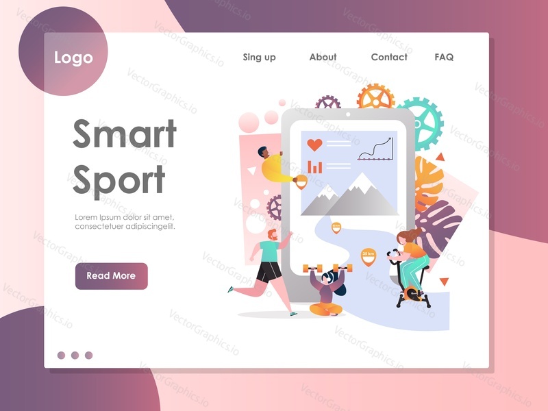 Smart sport vector website template, web page and landing page design for website and mobile site development. People using smartphone with fitness activity tracking application while doing sports.