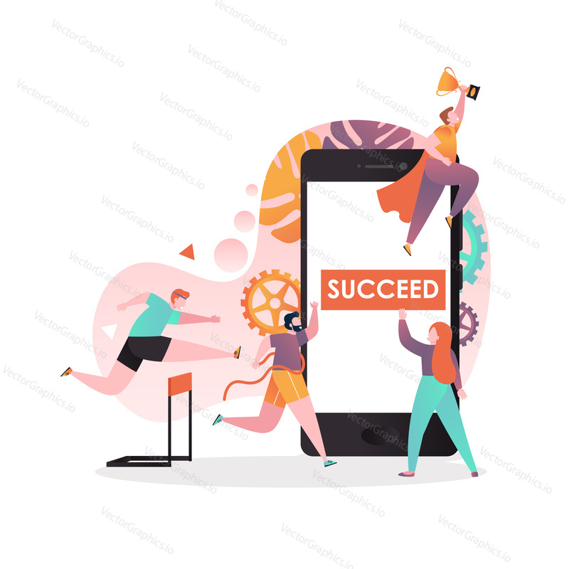 Vector illustration of successful superhero businessman flying with trophy, another two men running to finish, jumping over obstacle. Leadership, succeed, winner concept for web banner website page.