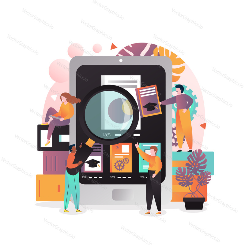 Vector illustration of big ebook, one man searching book with magnifying glass, the other men proposing books to him. Electronic device for reading, e-reader, tablet pc concept for web banner webpage.