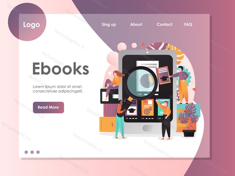 Ebooks vector website template, web page and landing page design for website and mobile site development. E-reader, tablet personal computer for reading electronic books concept.