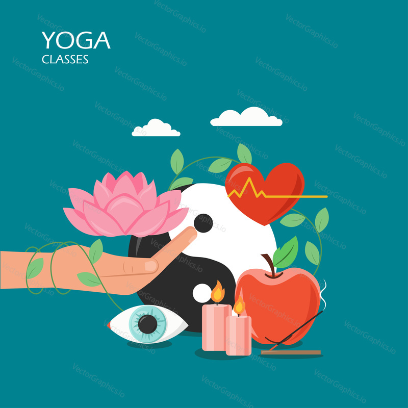 Yoga classes vector flat style design illustration. Lotus flower on hand palm, eye, candles, human heart, yin and yang symbol. Yoga symbols and accessories for web banner, website page etc.