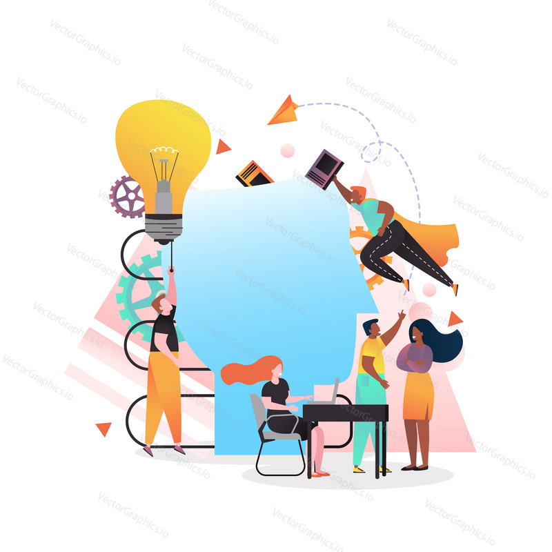 Vector illustration of tiny people putting books and light bulb into big man head. Skill development, brainstorming, innovation, creative thinking, personal growth concept for web banner, website page