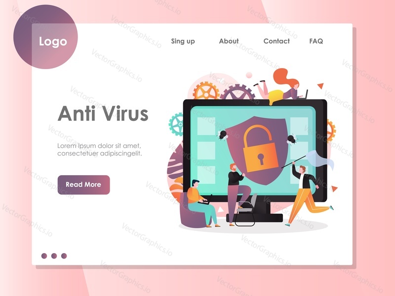 Шаблон веб-сайта с антивирусным вектором, дизайн веб-страницы и целевой страницы для разработки веб-сайтов и мобильных сайтов. Антивирусное программное обеспечение, защита от вредоносных программ, концепция защиты от вирусов.