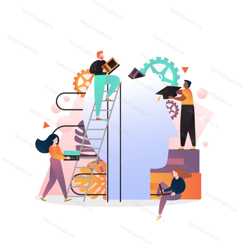 Vector illustration of tiny people putting books into big man head. Self improvement, brain training, learning, personal development concept for web banner, website page.