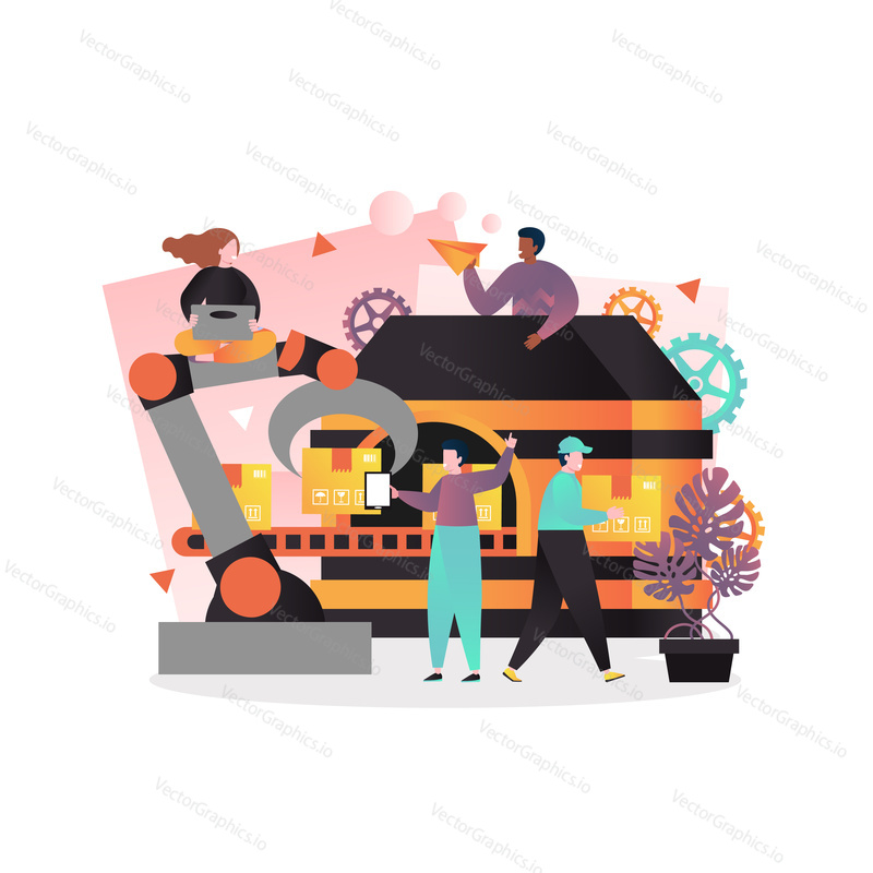 Vector illustration of industrial robotic arm picking up cardboard box from conveyor belt and factory workers engaged in their work. Robotic pick and place automation concept for web banner, webpage.