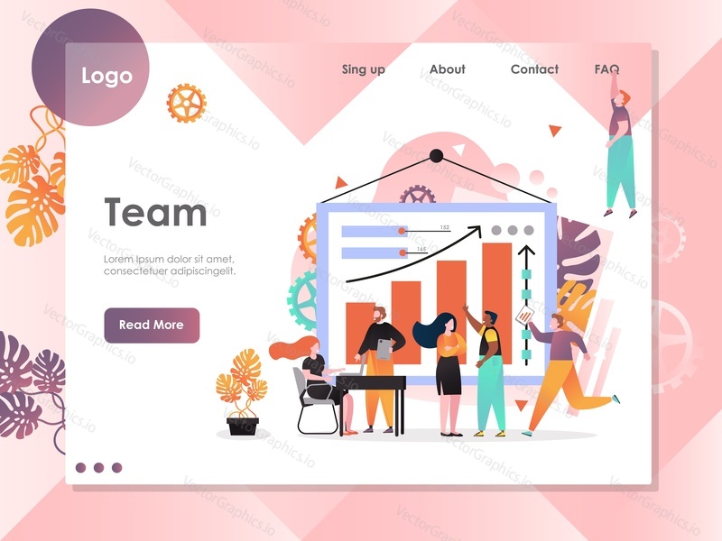 Team vector website template, web page and landing page design for website and mobile site development. Company team members interacting with statistical graphs, working together toward common goal.