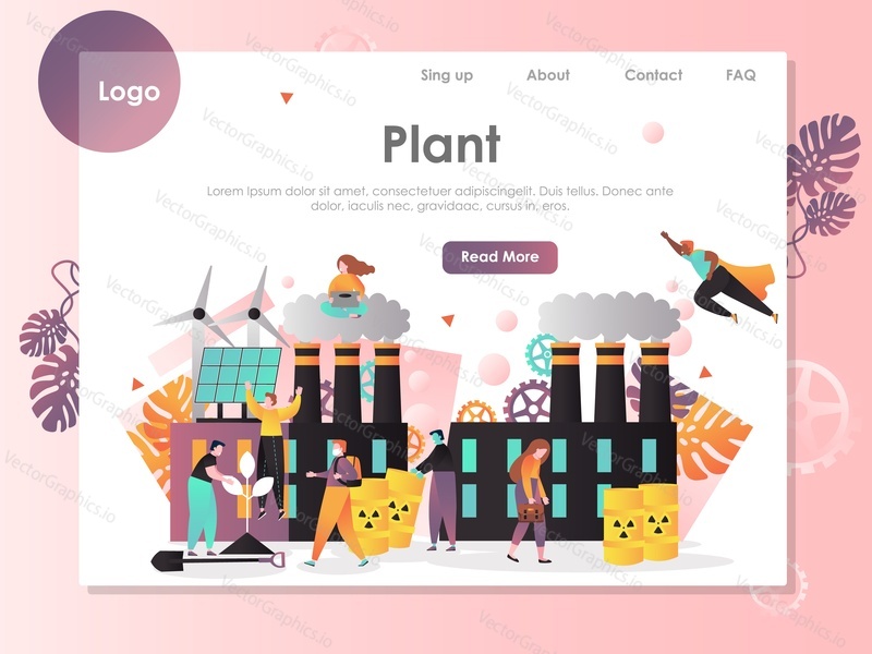 Plant vector website template, web page and landing page design for website and mobile site development. Solar power and wind alternative energy and nuclear non-renewable energy sources concepts.