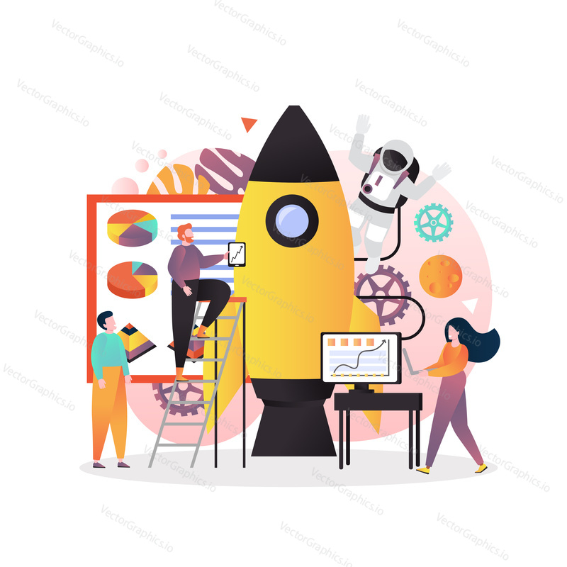 Vector illustration of tiny people engineers constructing big rocket, astronaut. Space exploration technology, aerospace industry concept for web banner, website page etc.
