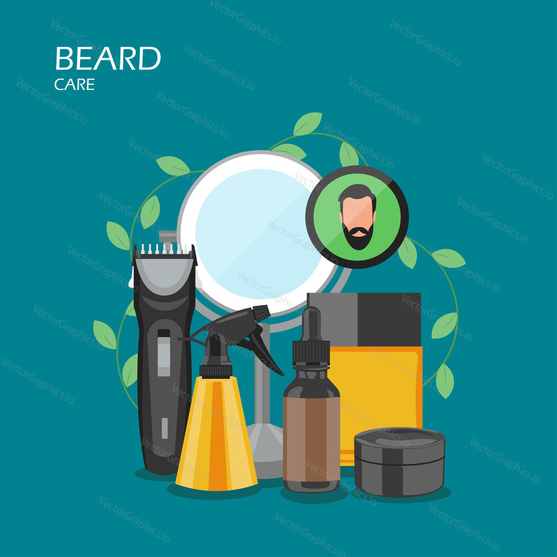 Beard care vector flat illustration. Hair shaving machine or trimmer, water spray bottle, mirror, aftershave oil, cream, eau de toilette. Beard grooming kit for web banner, website page etc.