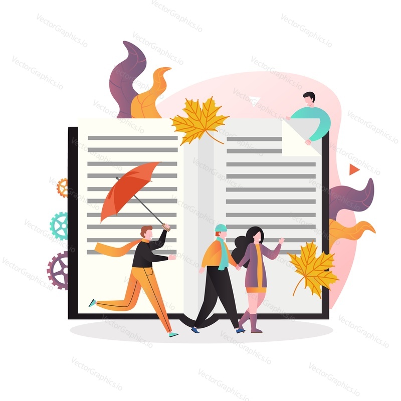 Huge book, falling yellow maple leaves and micro male and female characters walking in the street with umbrella, vector illustration. Autumn season composition for web banner, website page etc.