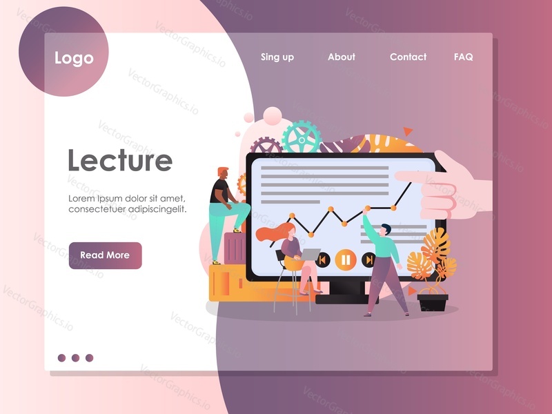 Lecture vector website template, web page and landing page design for website and mobile site development. Online education, webinar concept with business people watching video course on computer.