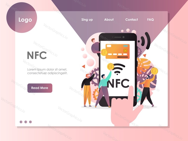NFC vector website template, web page and landing page design for website and mobile site development. Near field communication technology, contactless payments, nfc connectivity concepts.