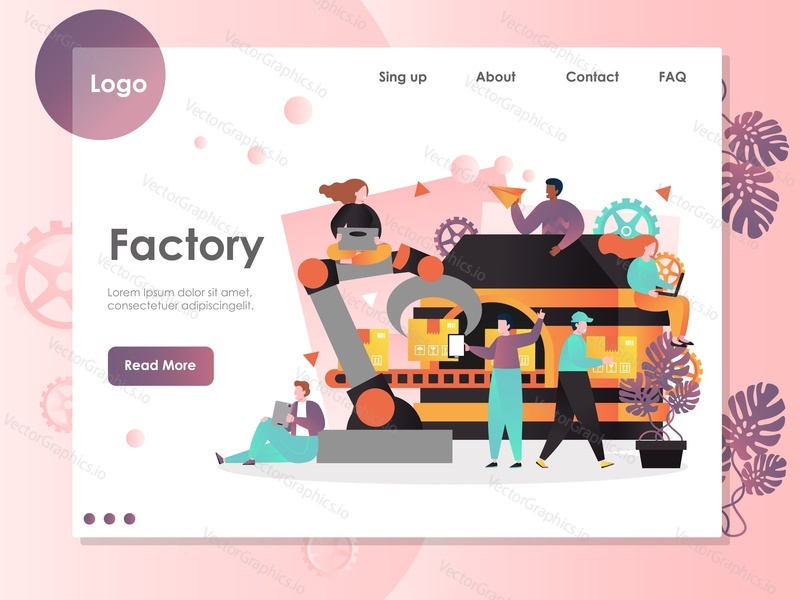 Factory vector website template, web page and landing page design for website and mobile site development. Industrial factory automation concept with robotic arm, conveyor belt and workers.
