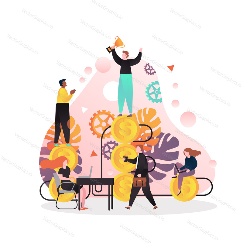 Vector illustration of successful businessman holding golden cup on dollar coin bar graph top. Business team celebrating victory. Corporate financial success, money growth concept for web banner etc.