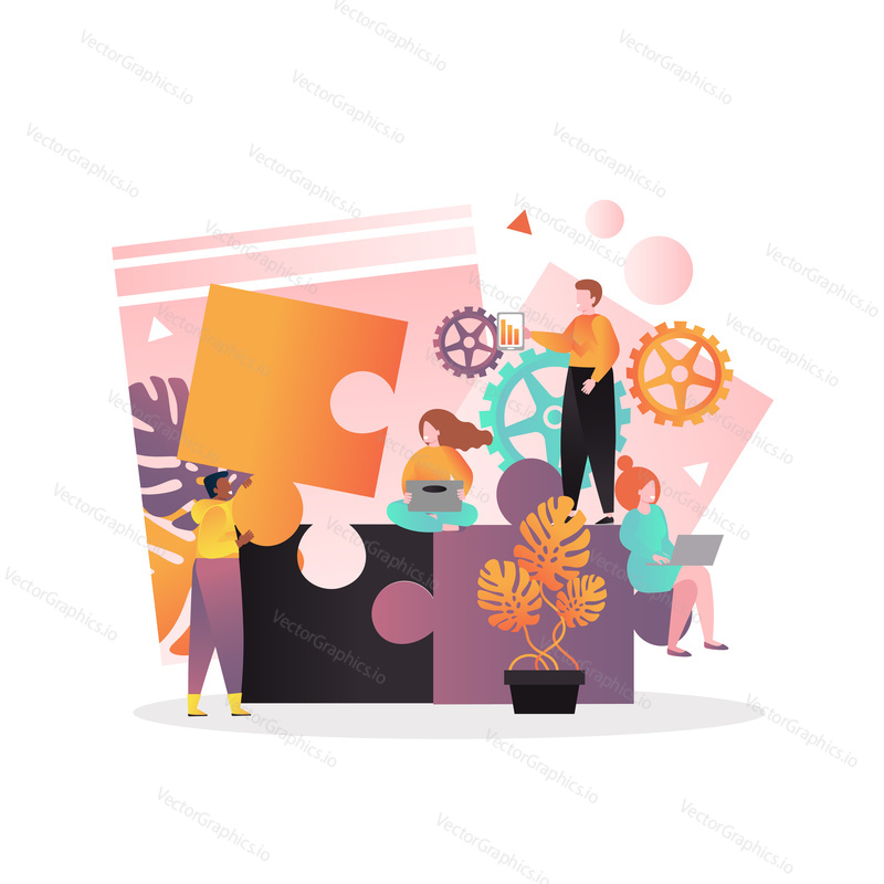 Vector illustration of tiny business people team putting together big jigsaw puzzle. Creation of successful project and business team building concepts for web banner, website page etc.