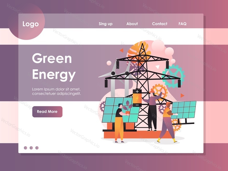 Шаблон веб-сайта Green energy vector, дизайн веб-страницы и целевой страницы для разработки веб-сайтов и мобильных сайтов. Экологически чистые источники энергии, концепция производства электроэнергии из возобновляемых источников.